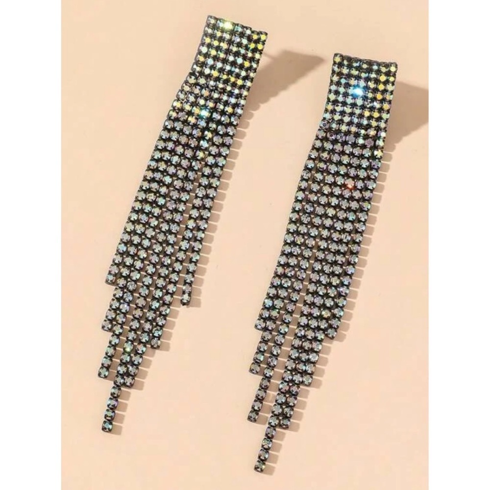 Iridescent rhinestone tassel drop earrings
